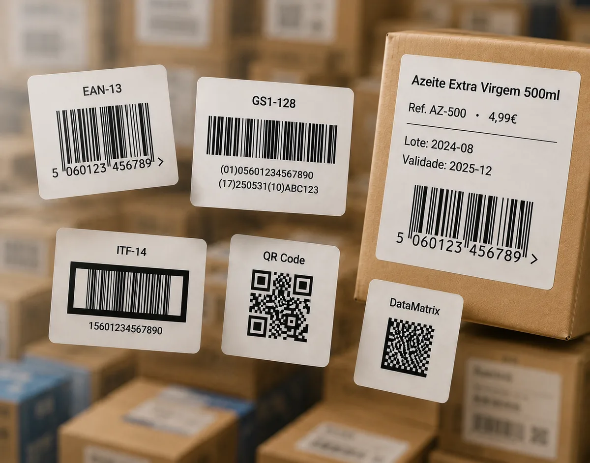 Product labels with EAN-13, GS1-128, ITF-14, QR Code and DataMatrix barcodes created with EAN Studio