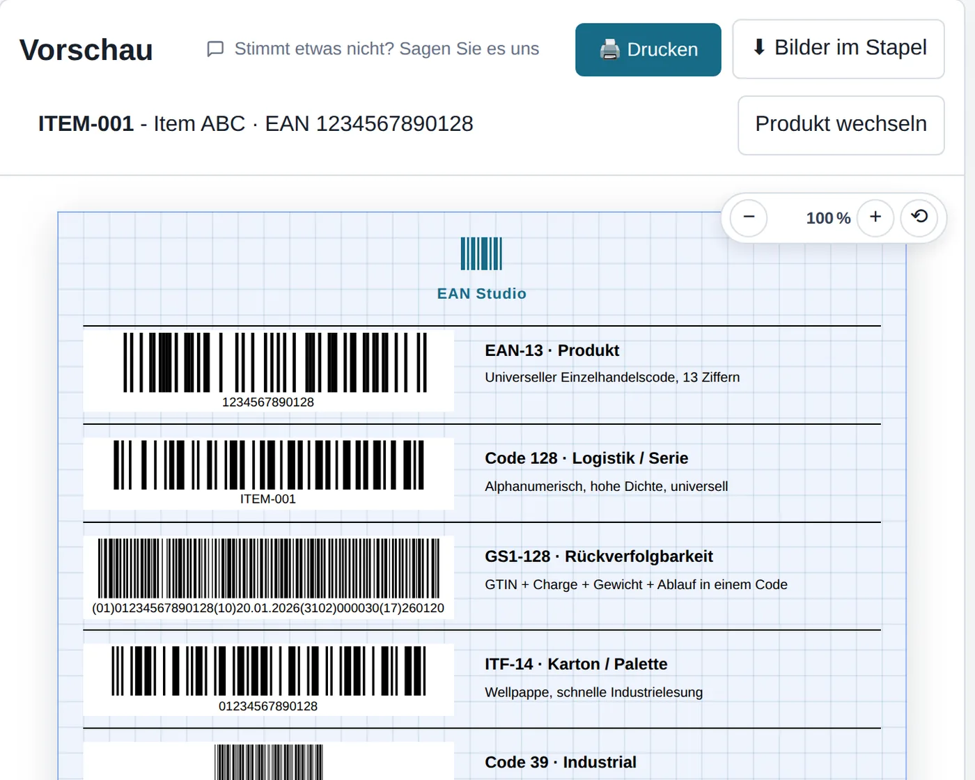 EAN-Studio-Editor mit einem Etikettenbogen mit EAN-13, Code 128, GS1-128, ITF-14 und QR-Code