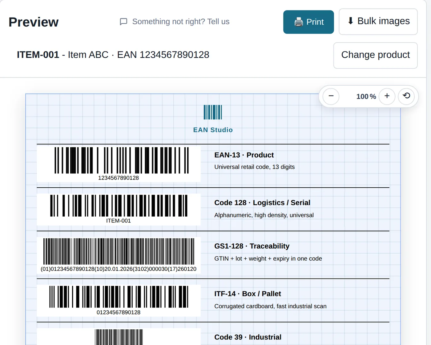 EAN Studio editor with a label sheet showing EAN-13, Code 128, GS1-128, ITF-14 and QR Code