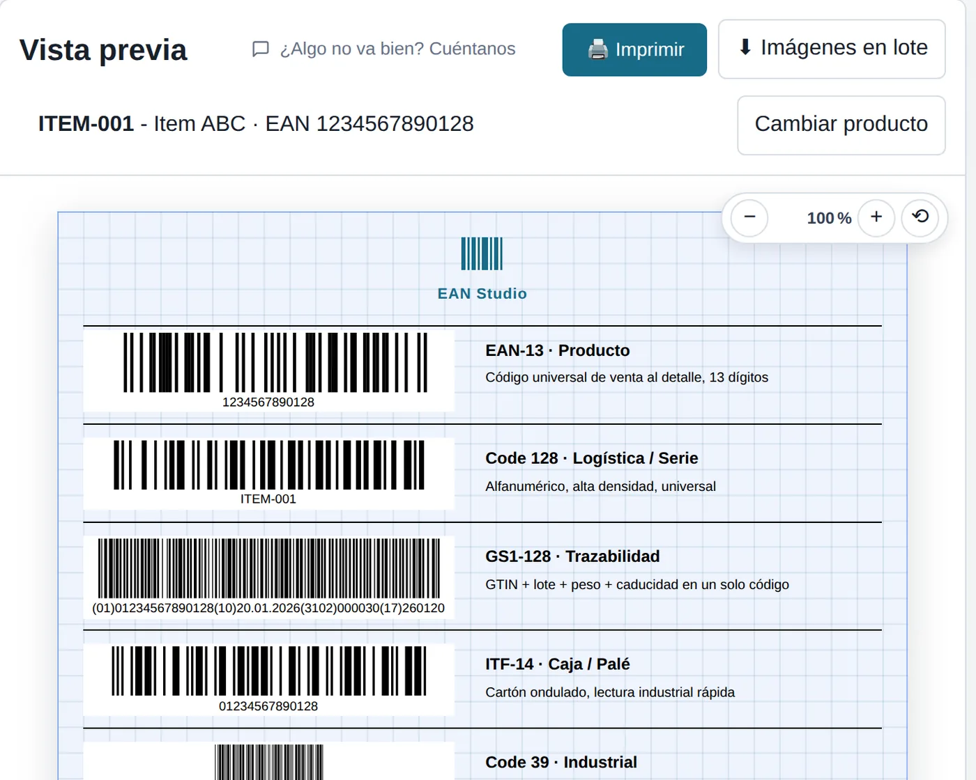 Editor de EAN Studio con una hoja de etiquetas con EAN-13, Code 128, GS1-128, ITF-14 y código QR
