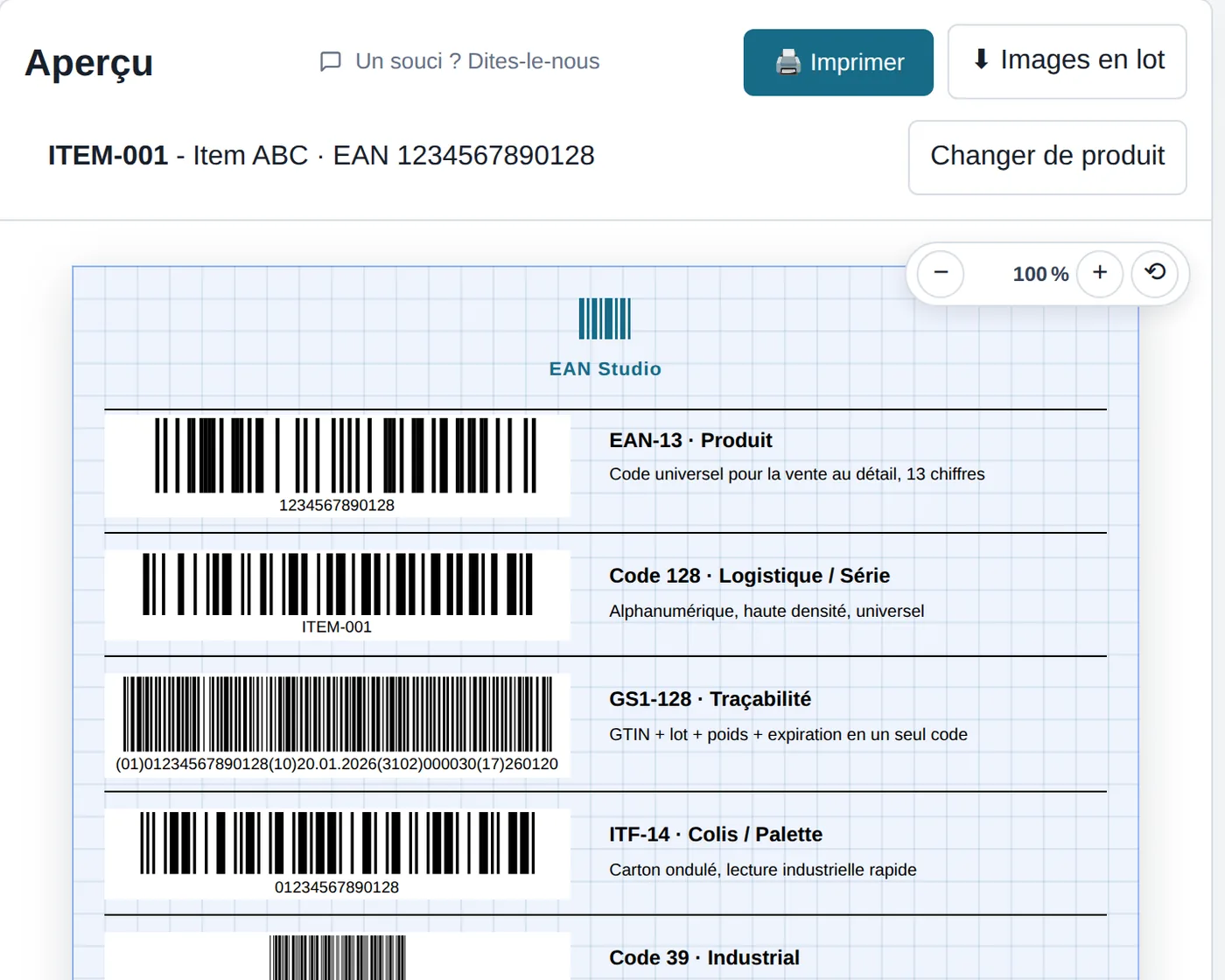 Éditeur EAN Studio avec une planche d’étiquettes comportant EAN-13, Code 128, GS1-128, ITF-14 et QR Code