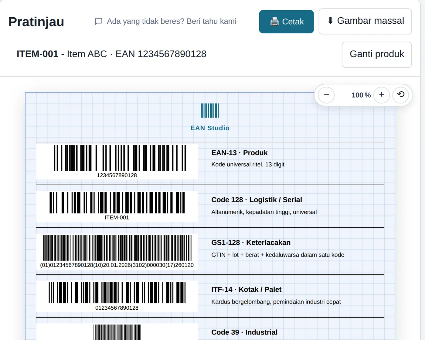 Editor EAN Studio dengan lembar label berisi EAN-13, Code 128, GS1-128, ITF-14 dan QR Code