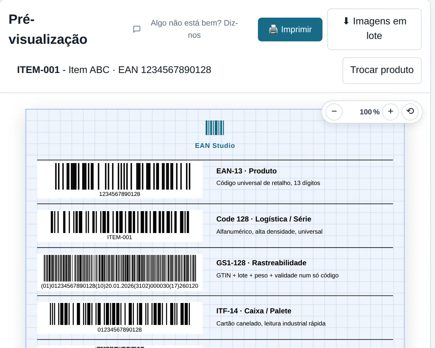 Editor do EAN Studio com uma folha de etiquetas com EAN-13, Code 128, GS1-128, ITF-14 e QR Code